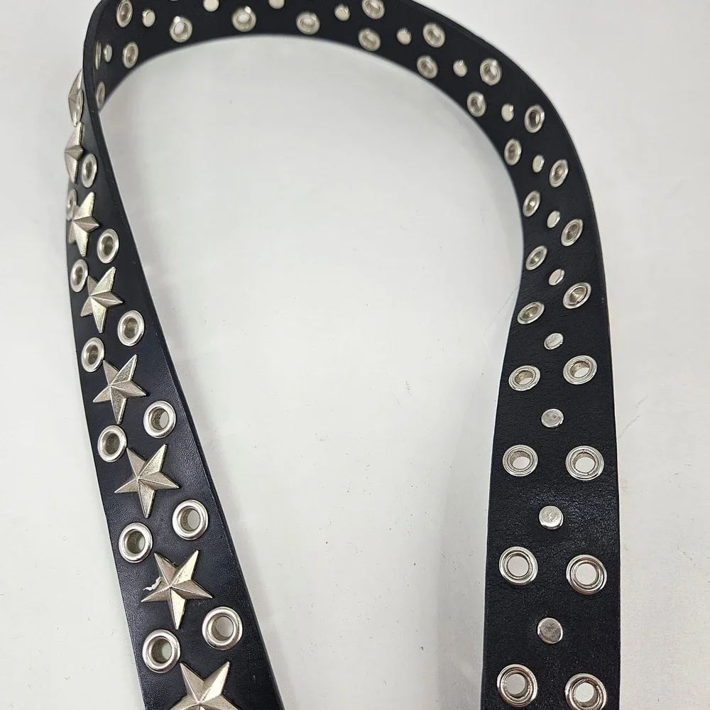 Vintage Hot Topic Black Genuine Leather Star Studded Grommet Belt Sz 34 90s y2k